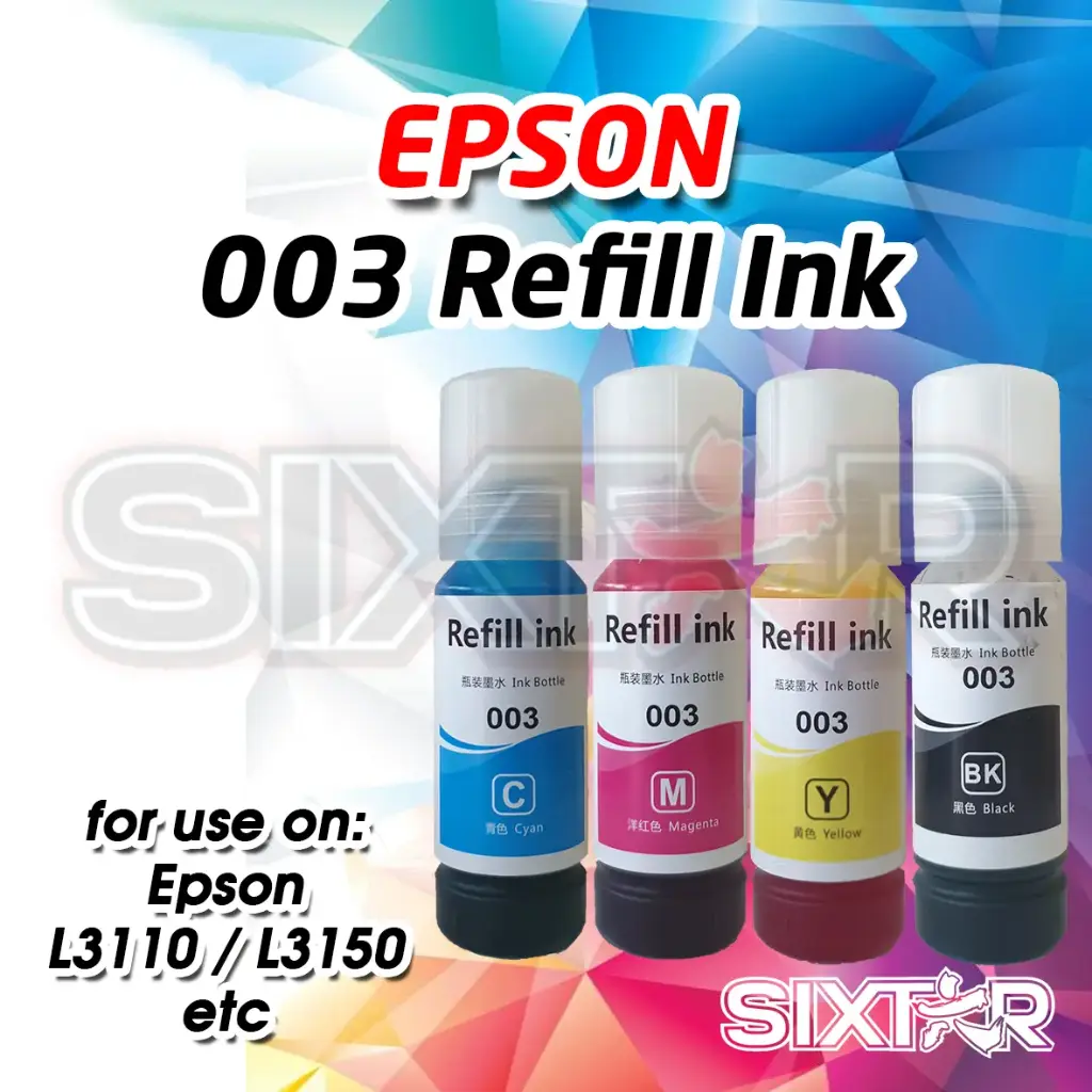[RFEP003-CMYK-1] Tinta Printer EP003 L1110 L1250 L1256 L3100 L3101 L3110 L3116 L3150 L3156 L3216 L3250 L3256 L4150 L4160 L5190 L5196 L6160 L6170 L6190 Refill INK Kompatibel Pengganti Original Ori E003